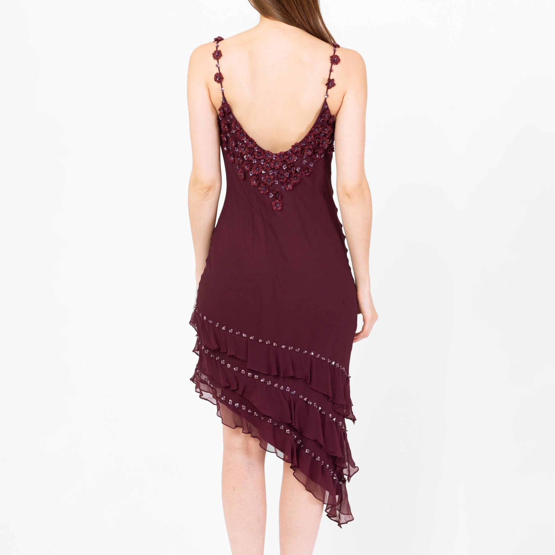 Vintage Y2K Sue Wong Plum Purple Silk Beaded Floral Midi Dress - Small to Medium | Bias Cut Boho Asymmetrical Summer Party Dress
