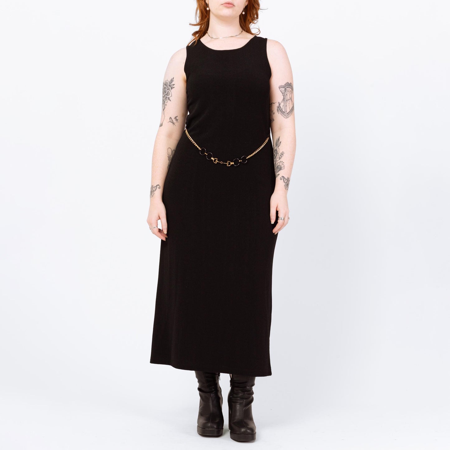 Vintage 90s Slinky Black Chain Belt Maxi Dress - Large | Minimalist Sleeveless Stretchy Sheath Dress