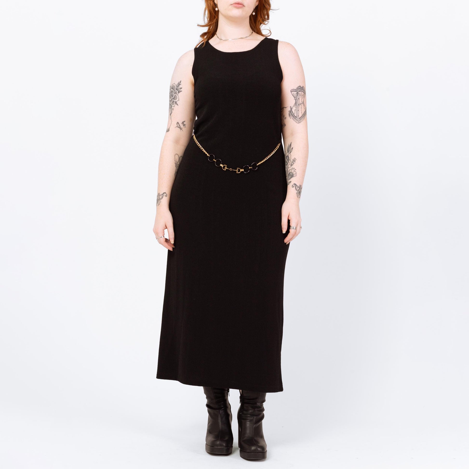 Vintage 90s Slinky Black Chain Belt Maxi Dress - Large | Minimalist Sleeveless Stretchy Sheath Dress