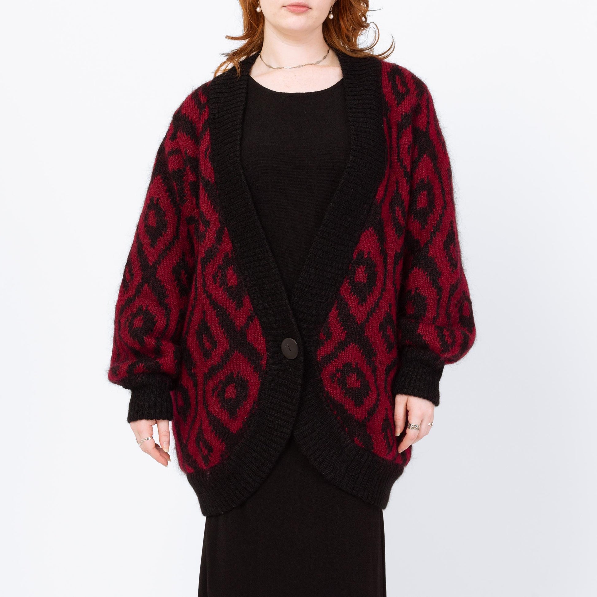 Vintage 80s Mohair Argyle Balloon Sleeve Oversize Cardigan - Large | Red Black Lined Wool Blend Knit Button Up Long Sweater Jacket