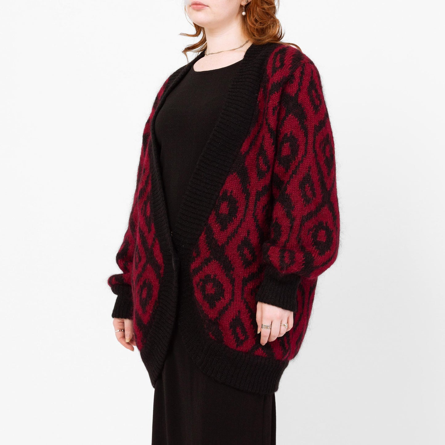 Vintage 80s Mohair Argyle Balloon Sleeve Oversize Cardigan - Large | Red Black Lined Wool Blend Knit Button Up Long Sweater Jacket