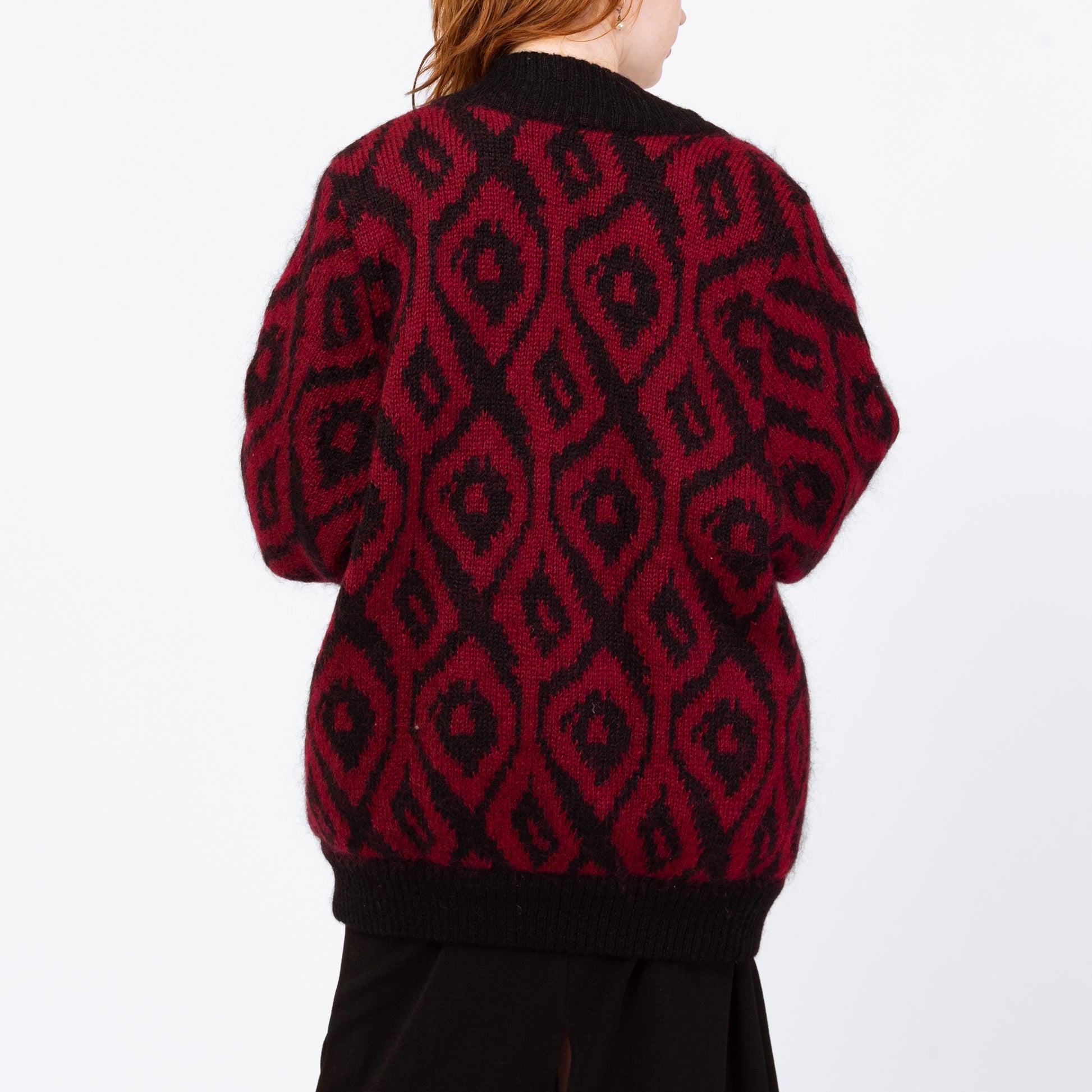 Vintage 80s Mohair Argyle Balloon Sleeve Oversize Cardigan - Large | Red Black Lined Wool Blend Knit Button Up Long Sweater Jacket