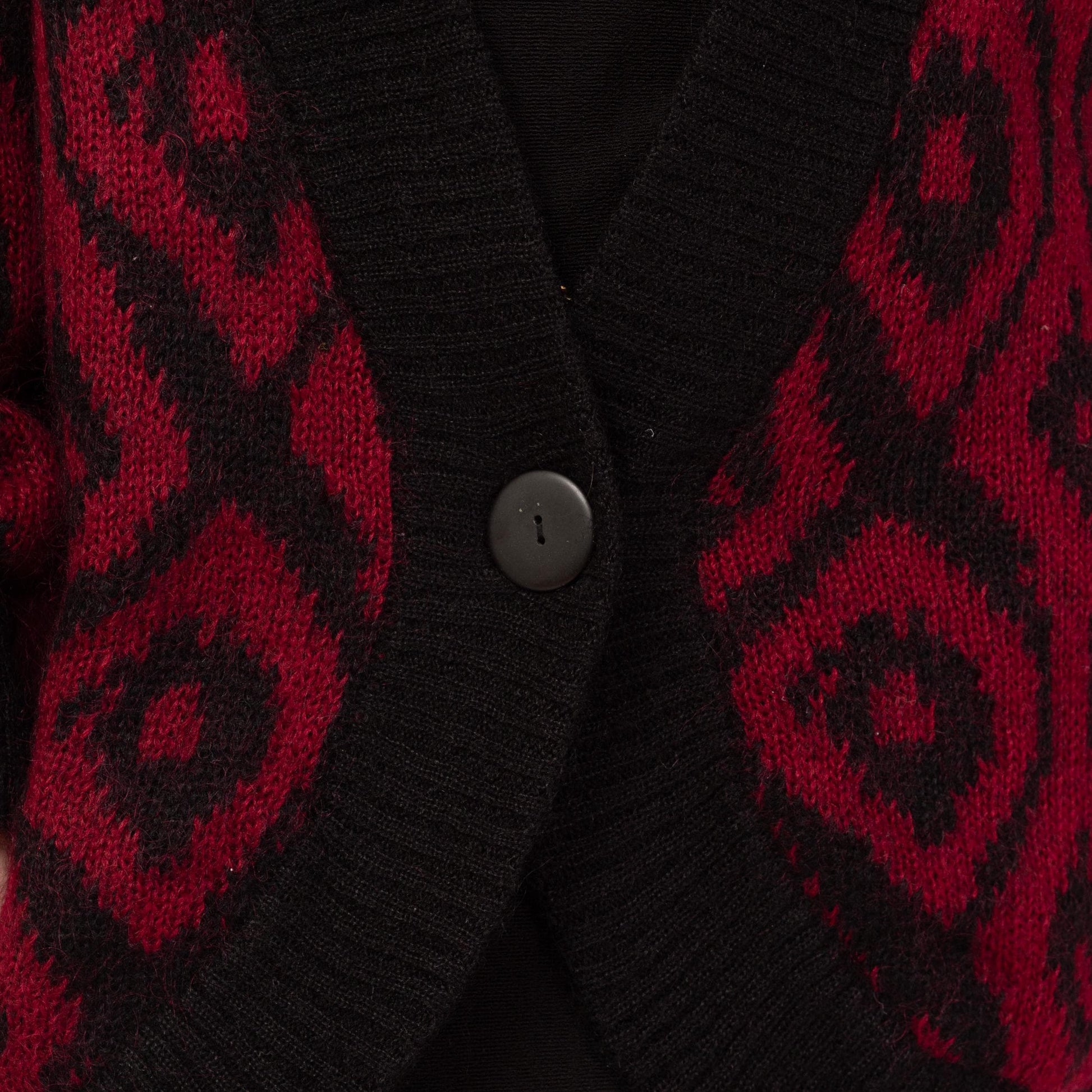 Vintage 80s Mohair Argyle Balloon Sleeve Oversize Cardigan - Large | Red Black Lined Wool Blend Knit Button Up Long Sweater Jacket