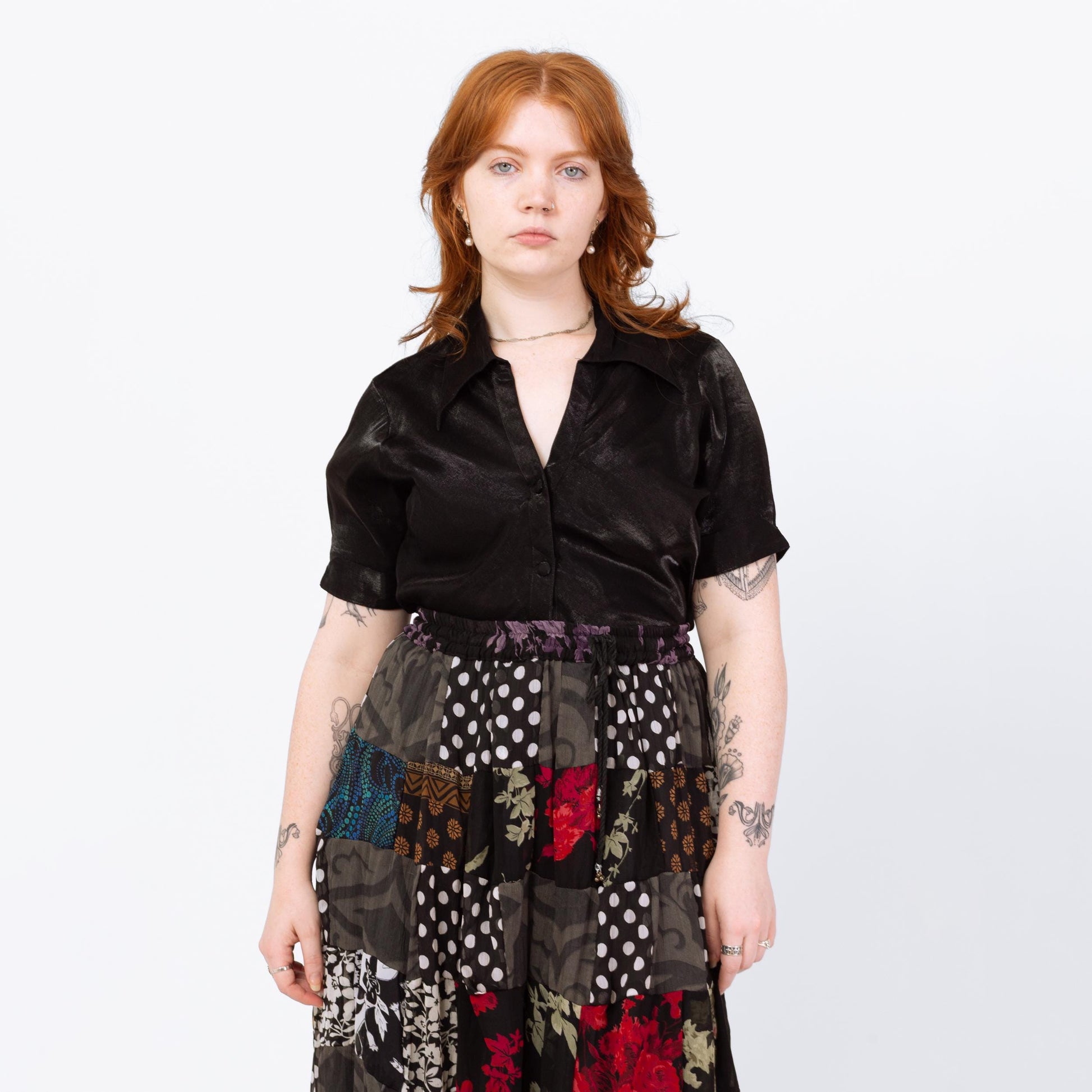 Vintage 90s Black Wet Look Button Up Shirt - Large | Gothic Short Sleeve Dagger Collar Blouse
