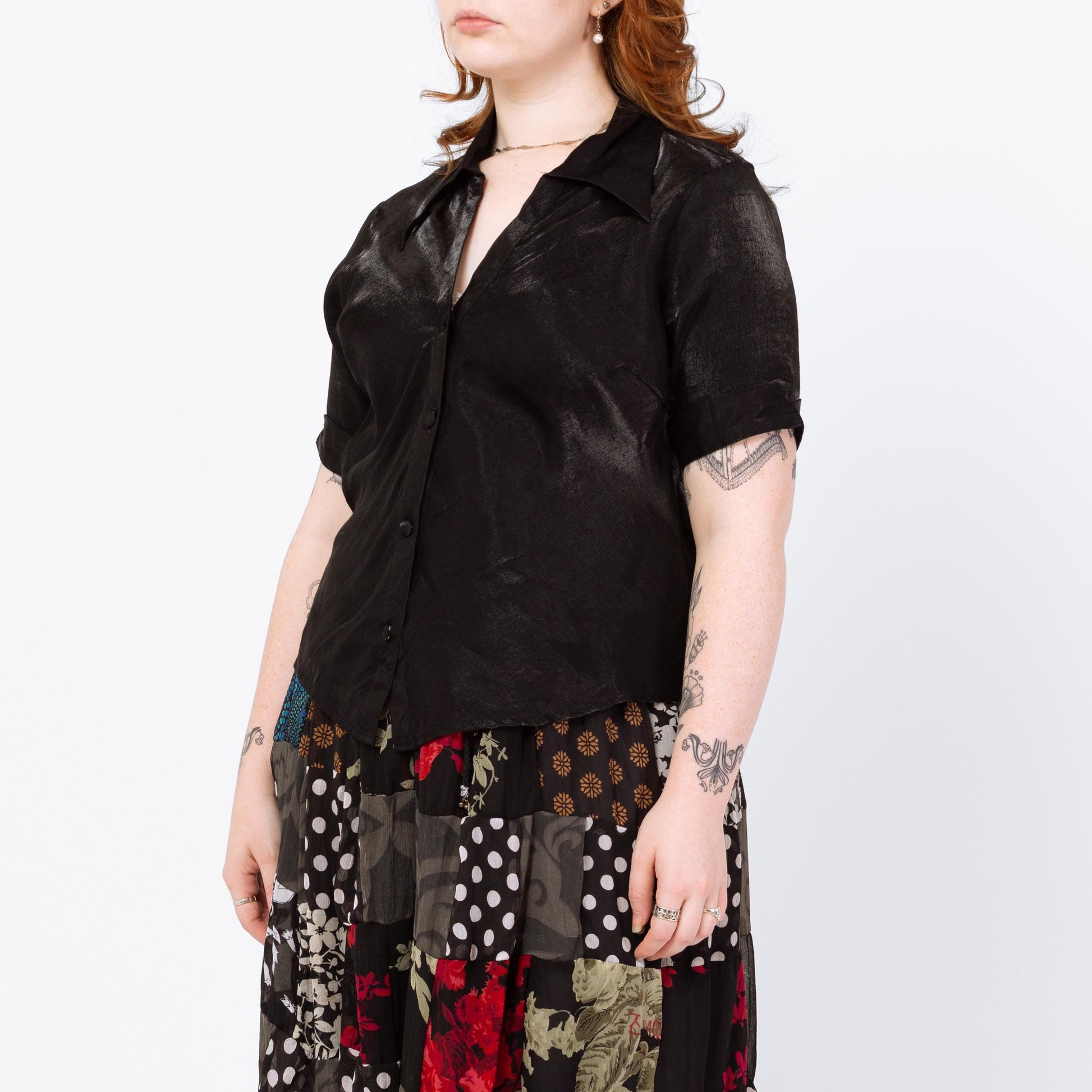 Vintage 90s Black Wet Look Button Up Shirt - Large | Gothic Short Sleeve Dagger Collar Blouse