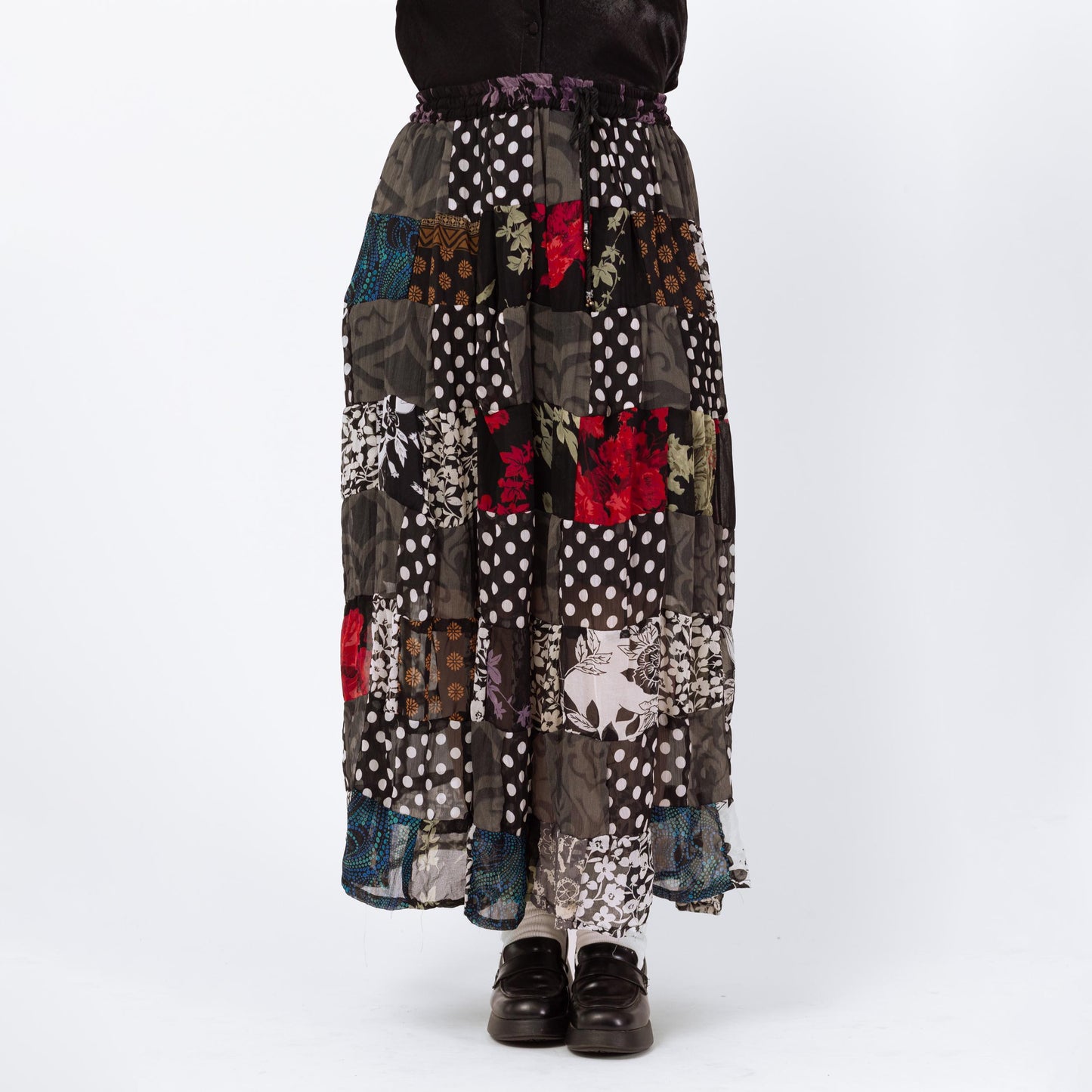 Vintage 90s Witchy Patchwork Broomstick Skirt - 1X | Whimsigoth Black Red Drawstring Waist Festival Maxi Skirt