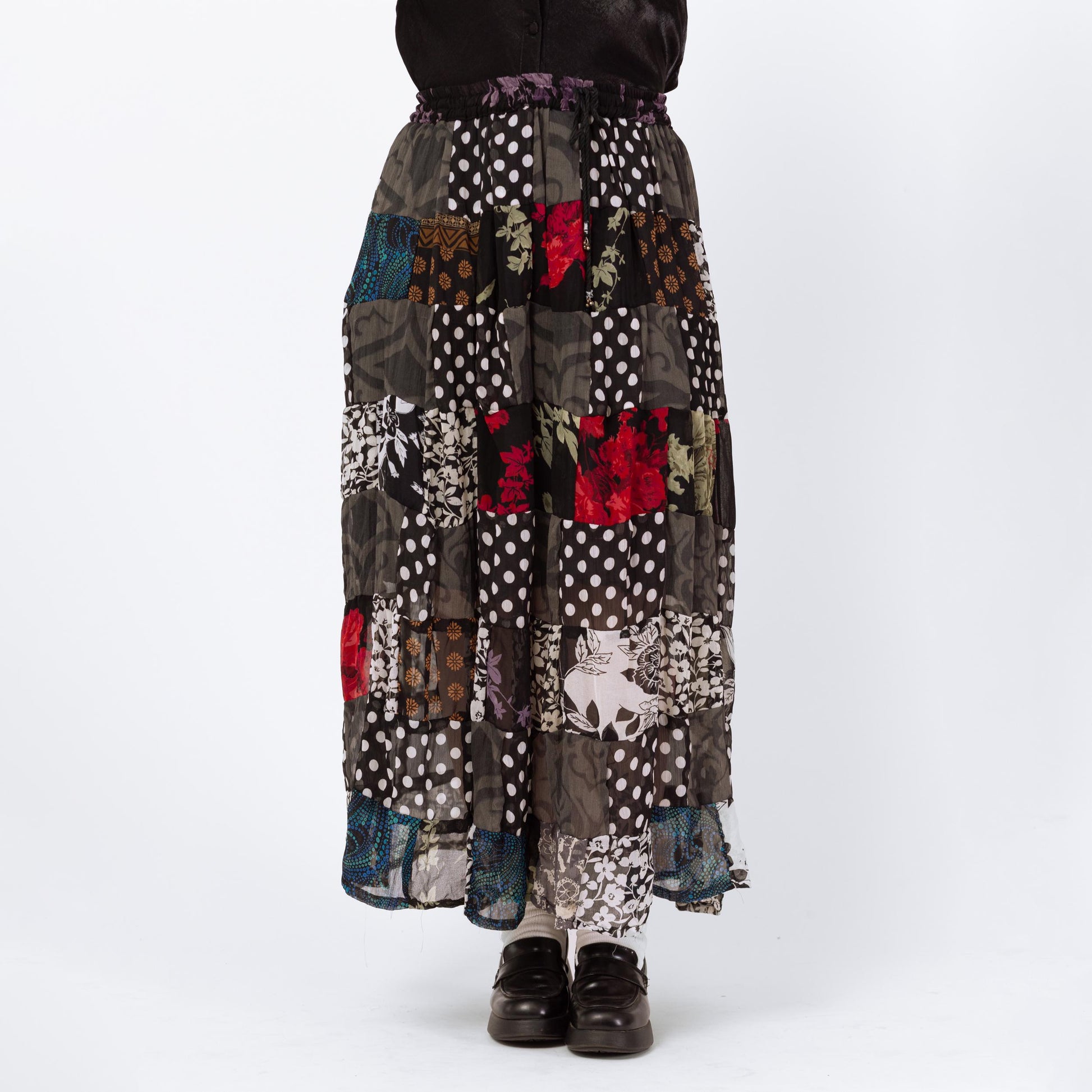 Vintage 90s Witchy Patchwork Broomstick Skirt - 1X | Whimsigoth Black Red Drawstring Waist Festival Maxi Skirt