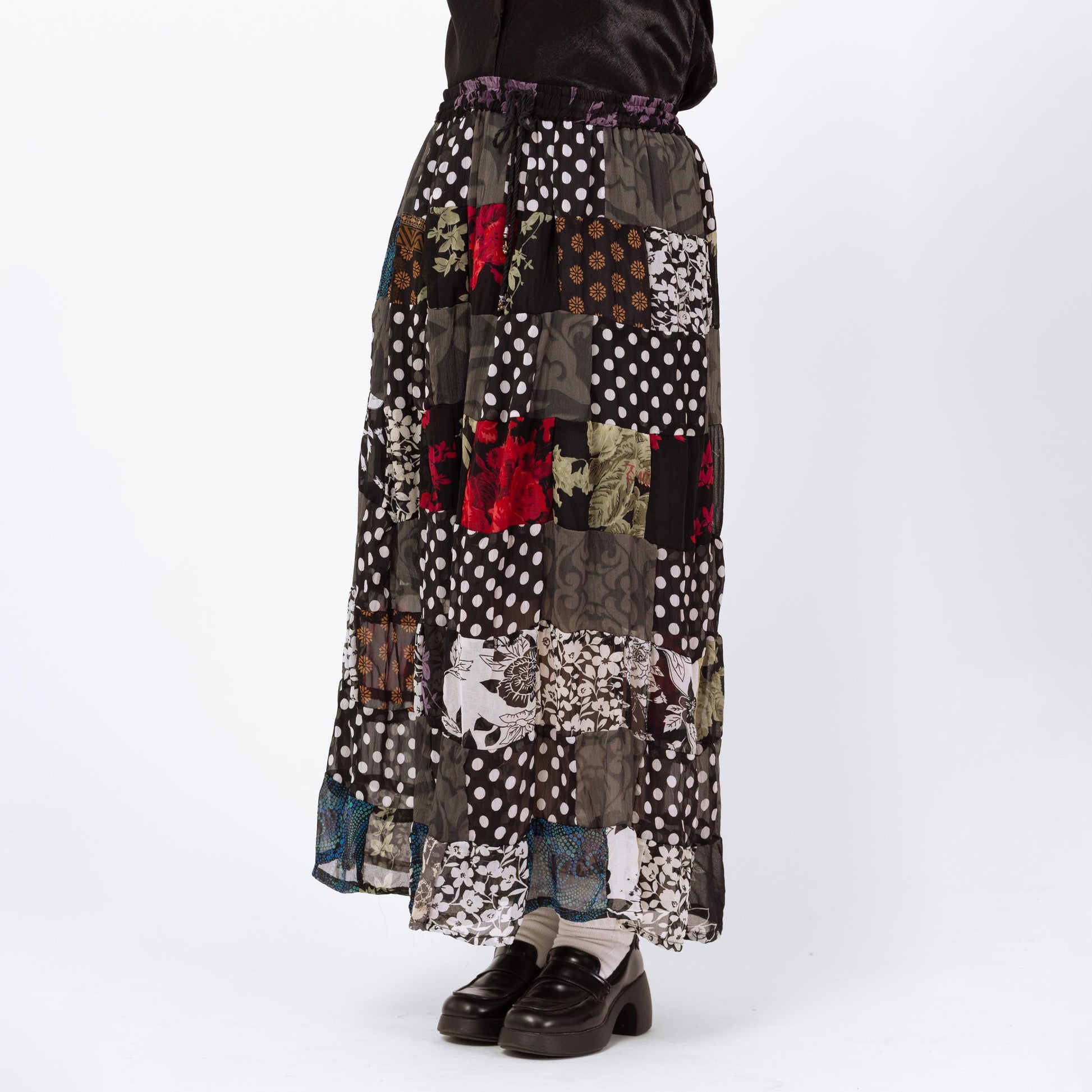 Vintage 90s Witchy Patchwork Broomstick Skirt - 1X | Whimsigoth Black Red Drawstring Waist Festival Maxi Skirt