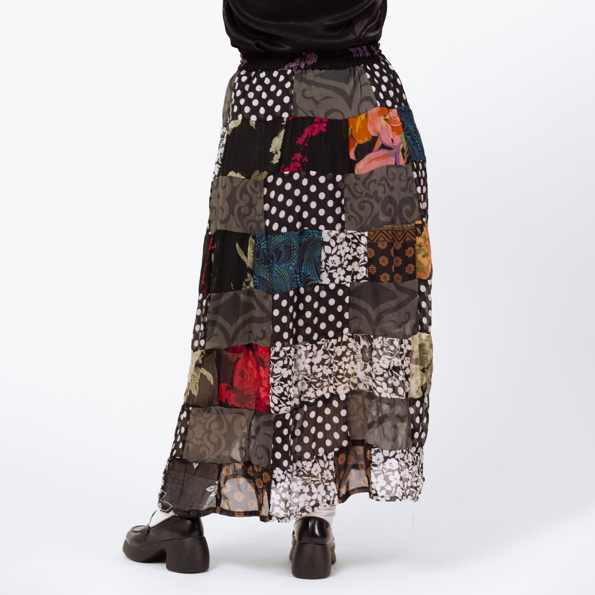 Vintage 90s Witchy Patchwork Broomstick Skirt - 1X | Whimsigoth Black Red Drawstring Waist Festival Maxi Skirt