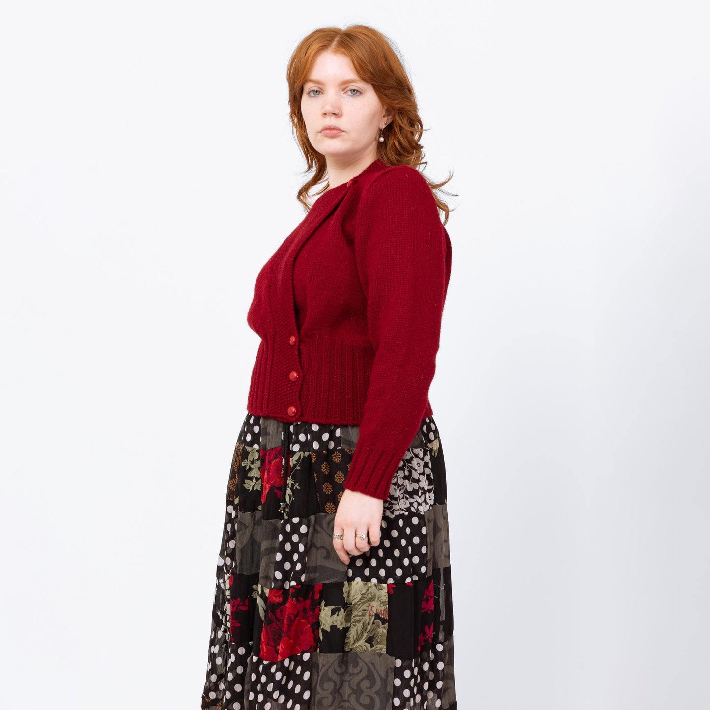 Vintage 90s Red Cropped Folk Wrap Sweater - Medium | Puff Sleeve Wool Knit Trachten Cardigan