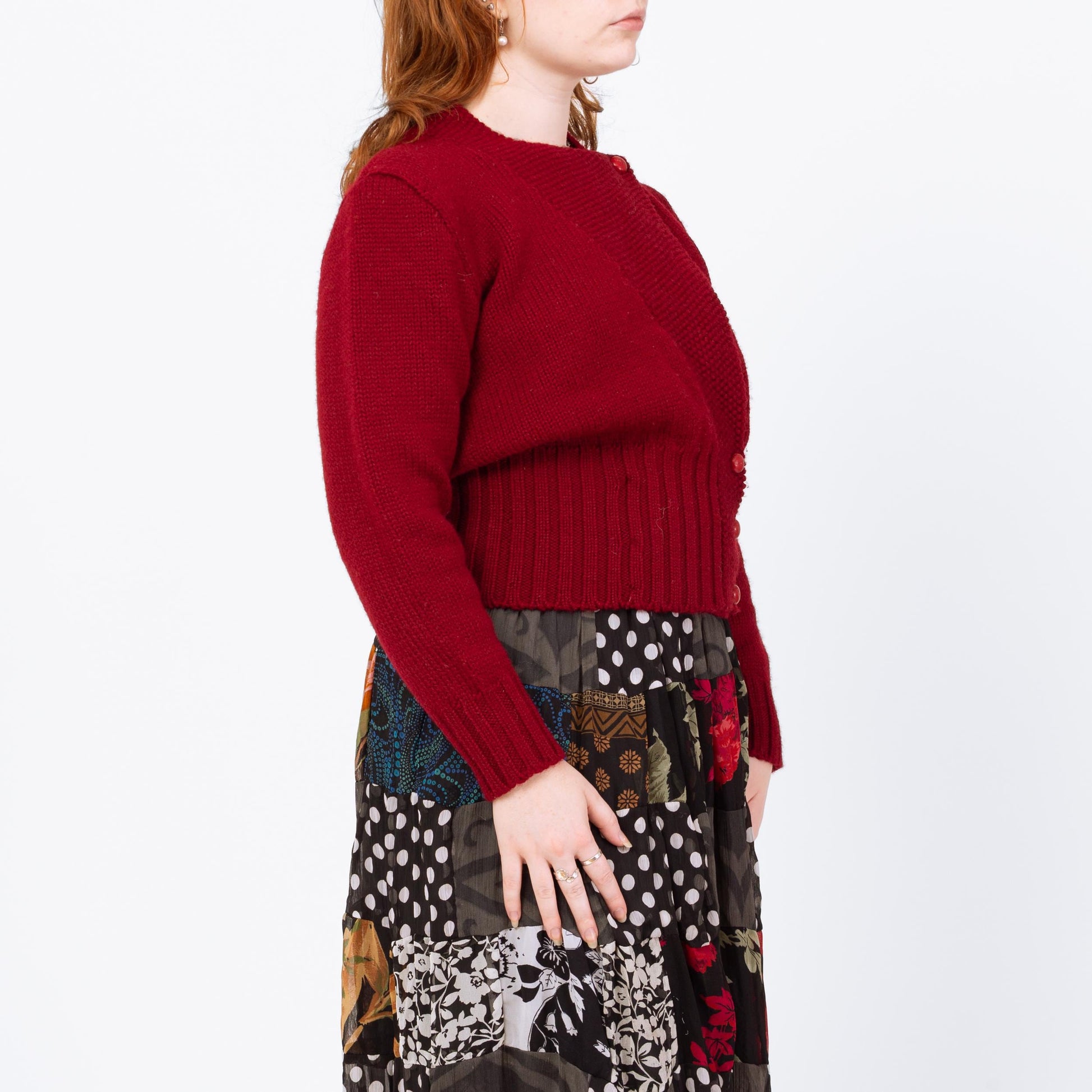 Vintage 90s Red Cropped Folk Wrap Sweater - Medium | Puff Sleeve Wool Knit Trachten Cardigan