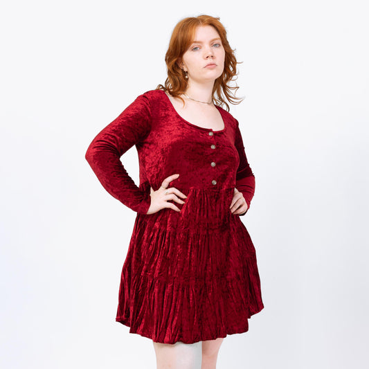 Vintage 90s Red Crushed Velvet Babydoll Mini Dress - Medium | Whimsigoth Dress, Long Sleeve Button Up Grunge Dress