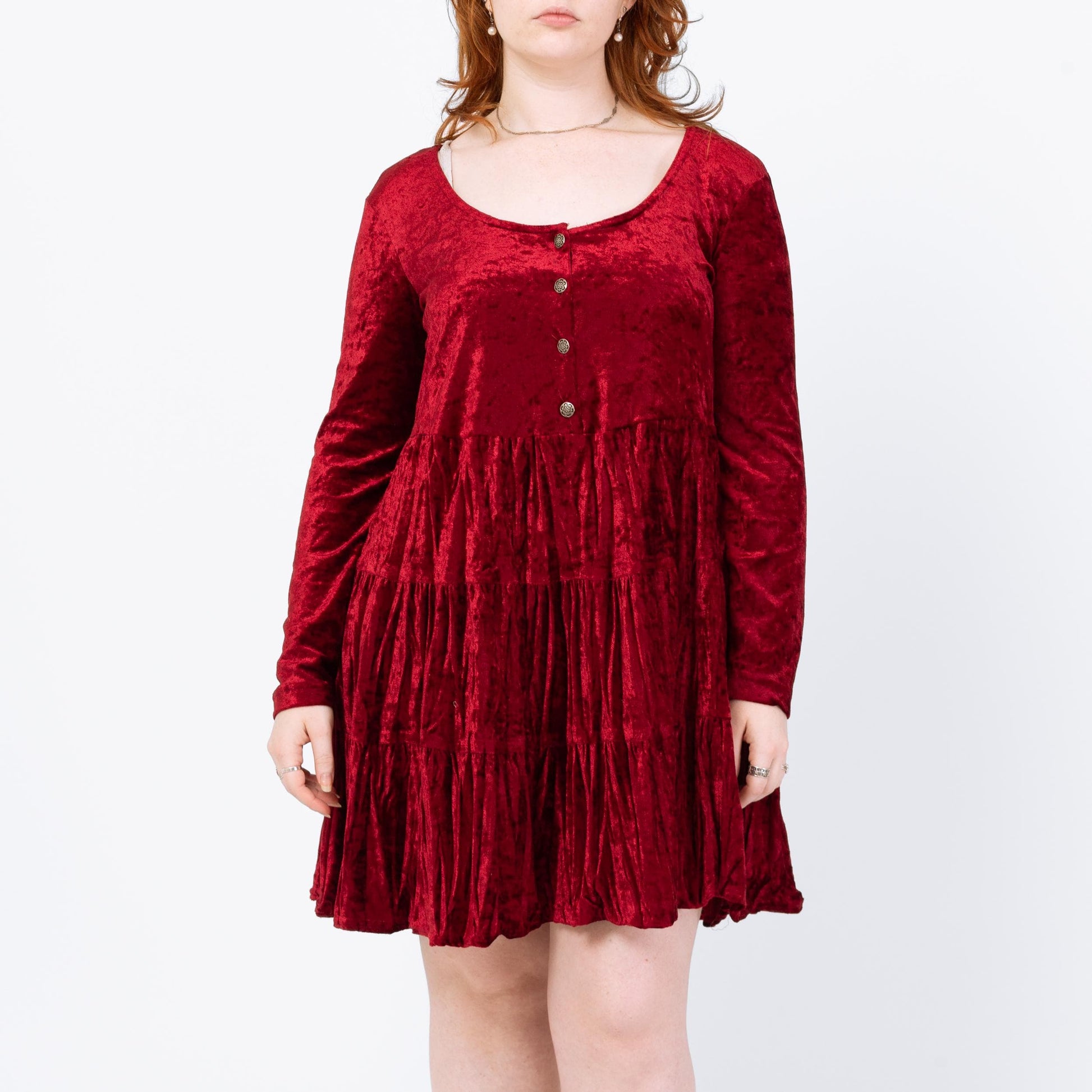 Vintage 90s Red Crushed Velvet Babydoll Mini Dress - Medium | Whimsigoth Dress, Long Sleeve Button Up Grunge Dress