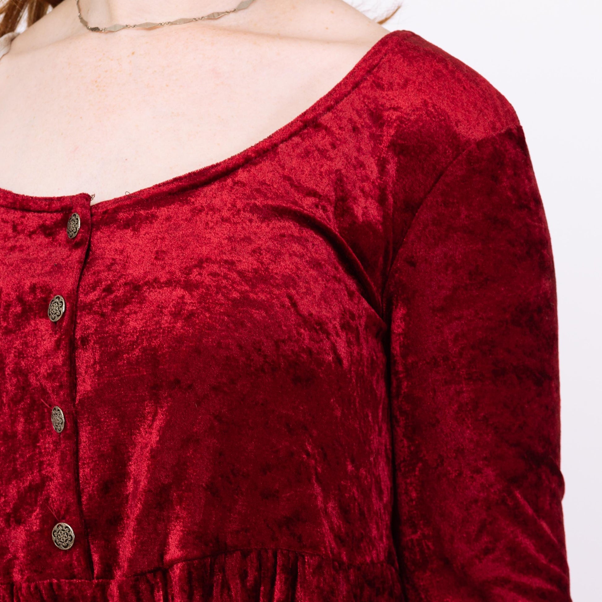 Vintage 90s Red Crushed Velvet Babydoll Mini Dress - Medium | Whimsigoth Dress, Long Sleeve Button Up Grunge Dress