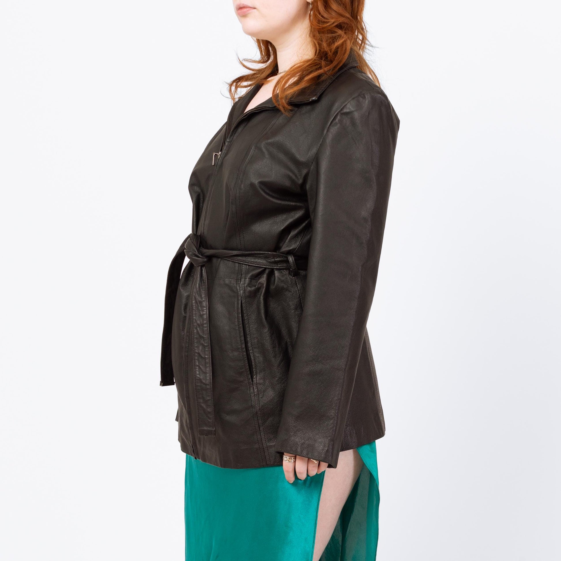 Vintage Y2K Black Leather Belted Moto Jacket - Large | Minimalist Zip Up Collared Coat