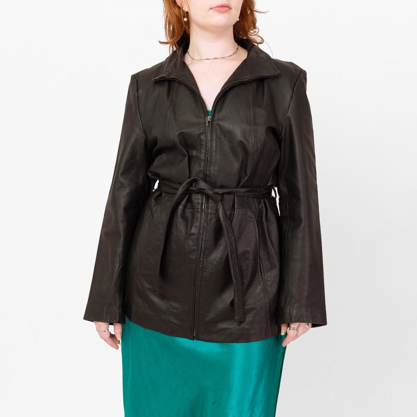Vintage Y2K Black Leather Belted Moto Jacket - Large | Minimalist Zip Up Collared Coat
