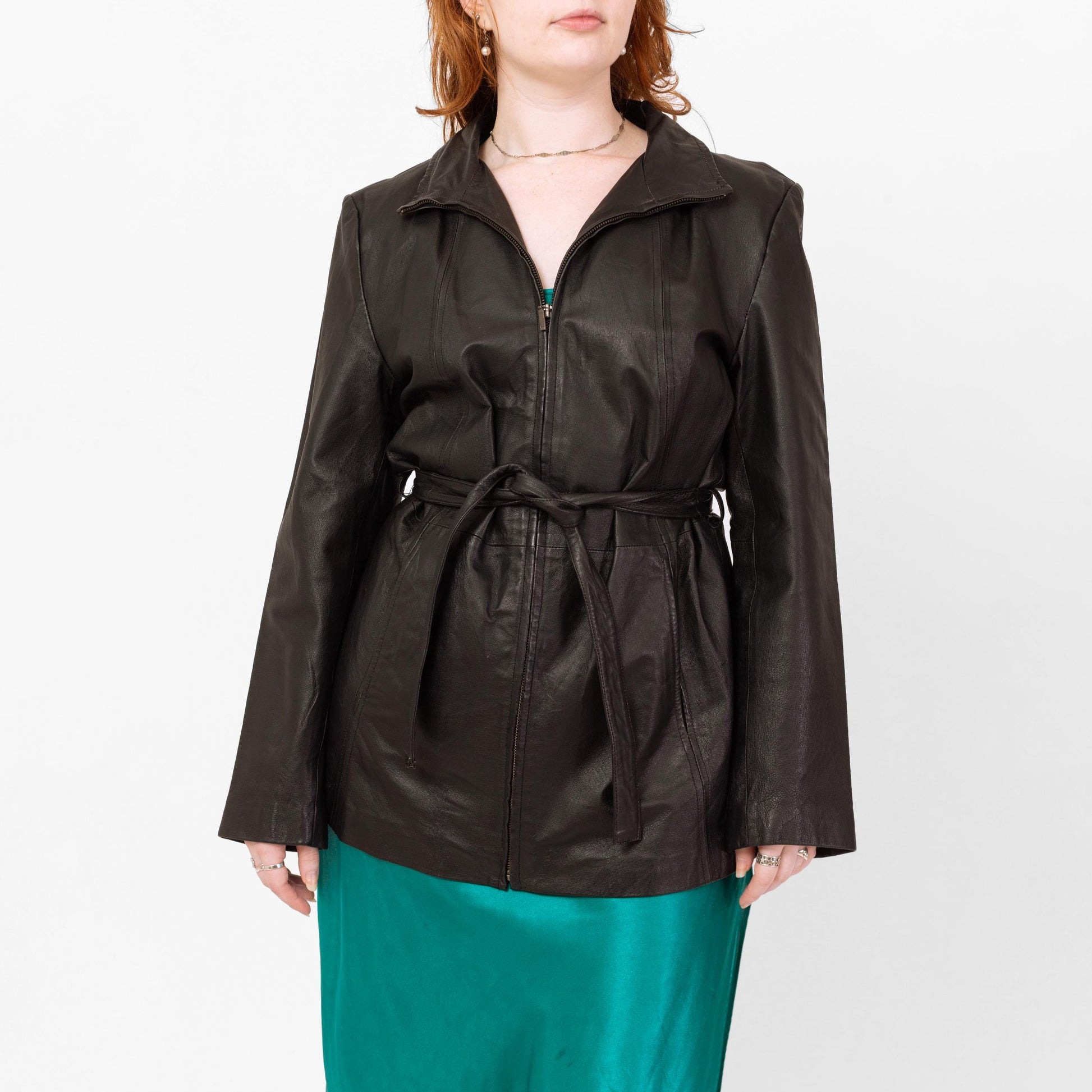 Vintage Y2K Black Leather Belted Moto Jacket - Large | Minimalist Zip Up Collared Coat