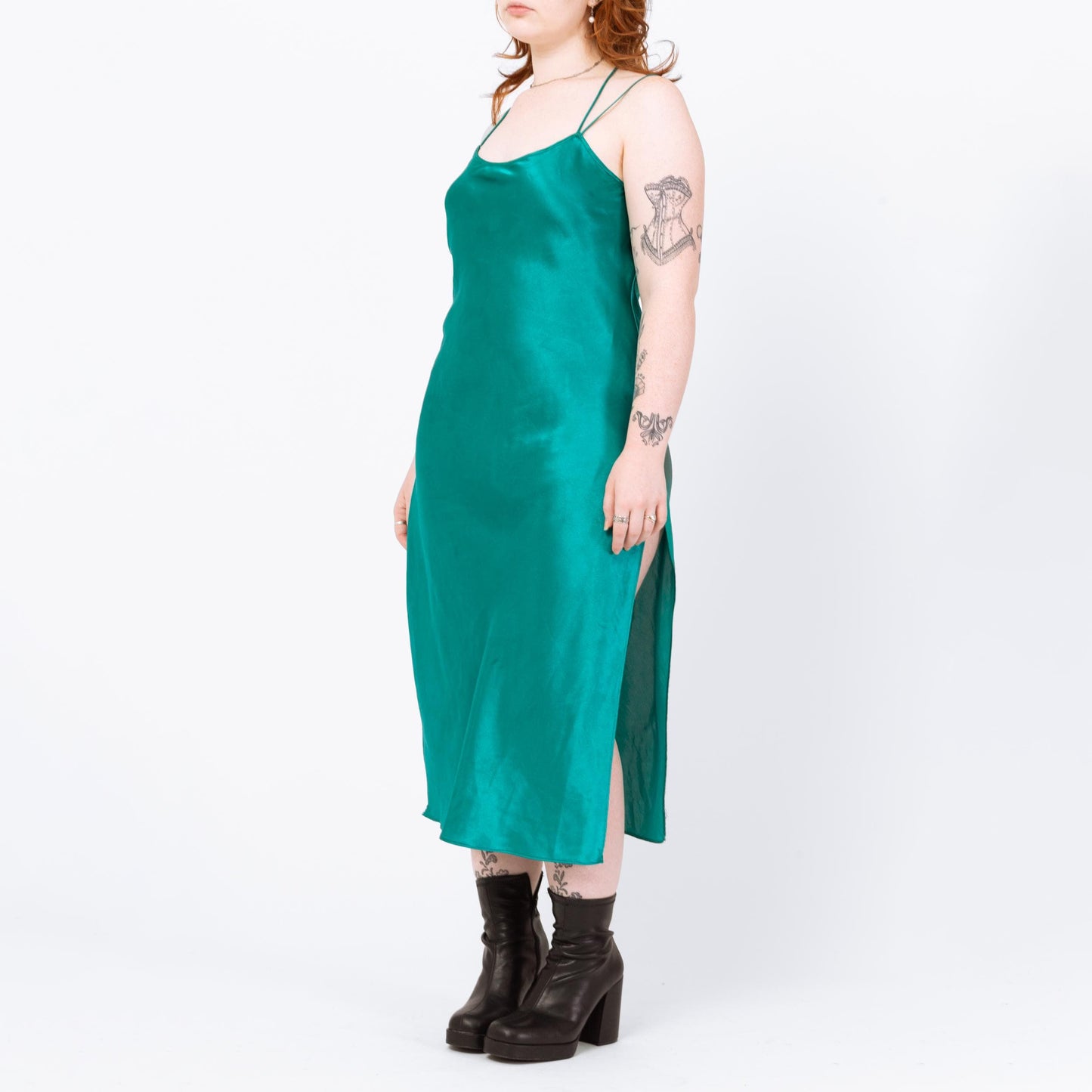 Vintage 80s Teal Satin Slip Dress - Medium | Low Back Lingerie Midi Chemise Nightie