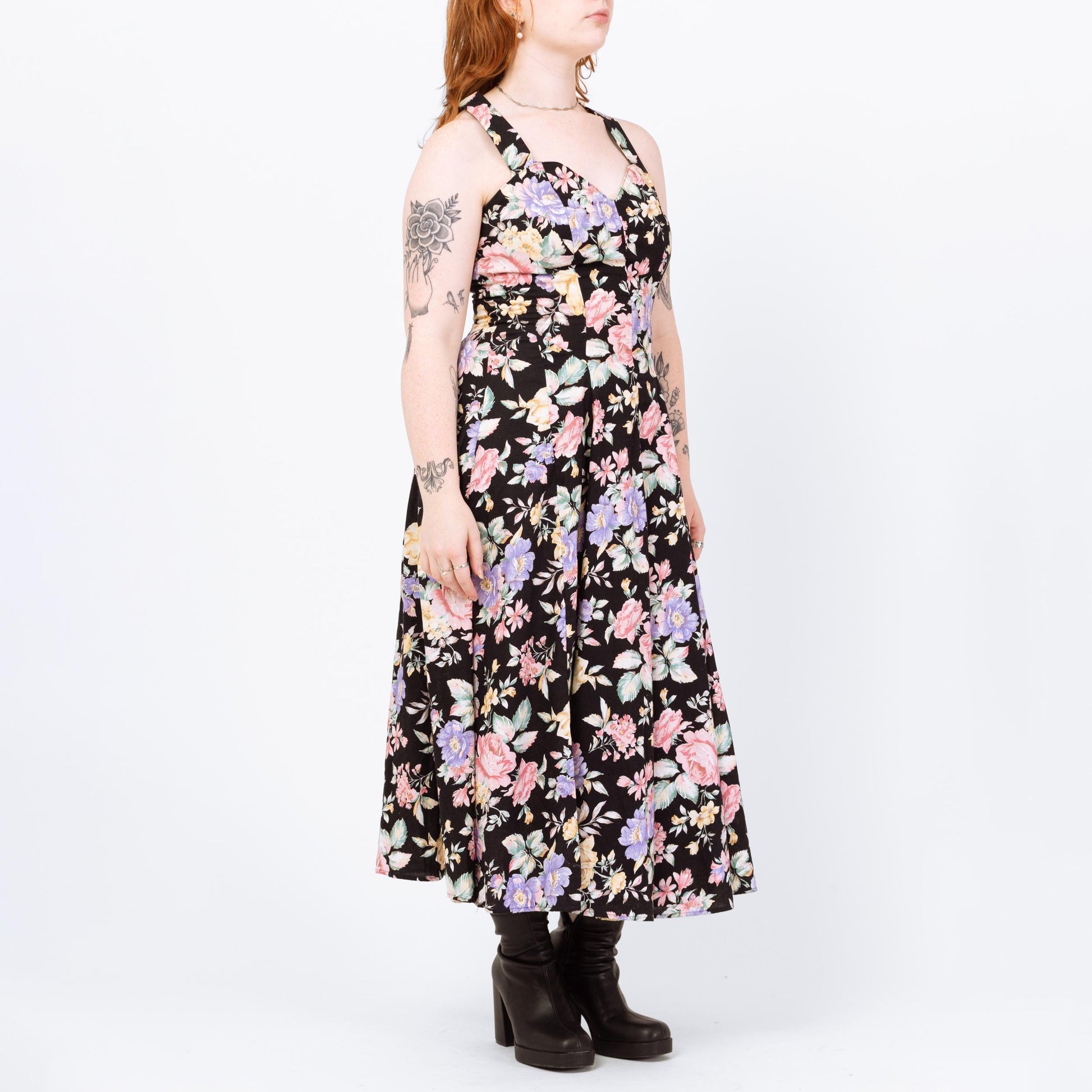 Vintage 80s Black Rose Floral Print Cross Back Sundress - Medium | Sweetheart Neck Boho Maxi Dress