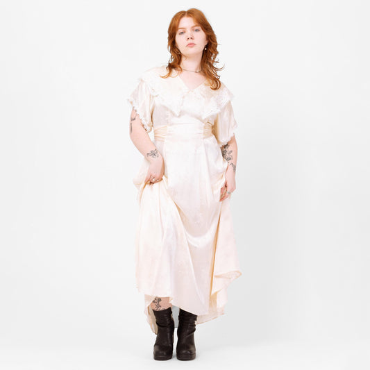 Vintage 80s Jessica McClintock Ivory Satin Sailor Collar Maxi Dress - Large | Floral Jacquard A Line Formal Gown, Wedding Dress