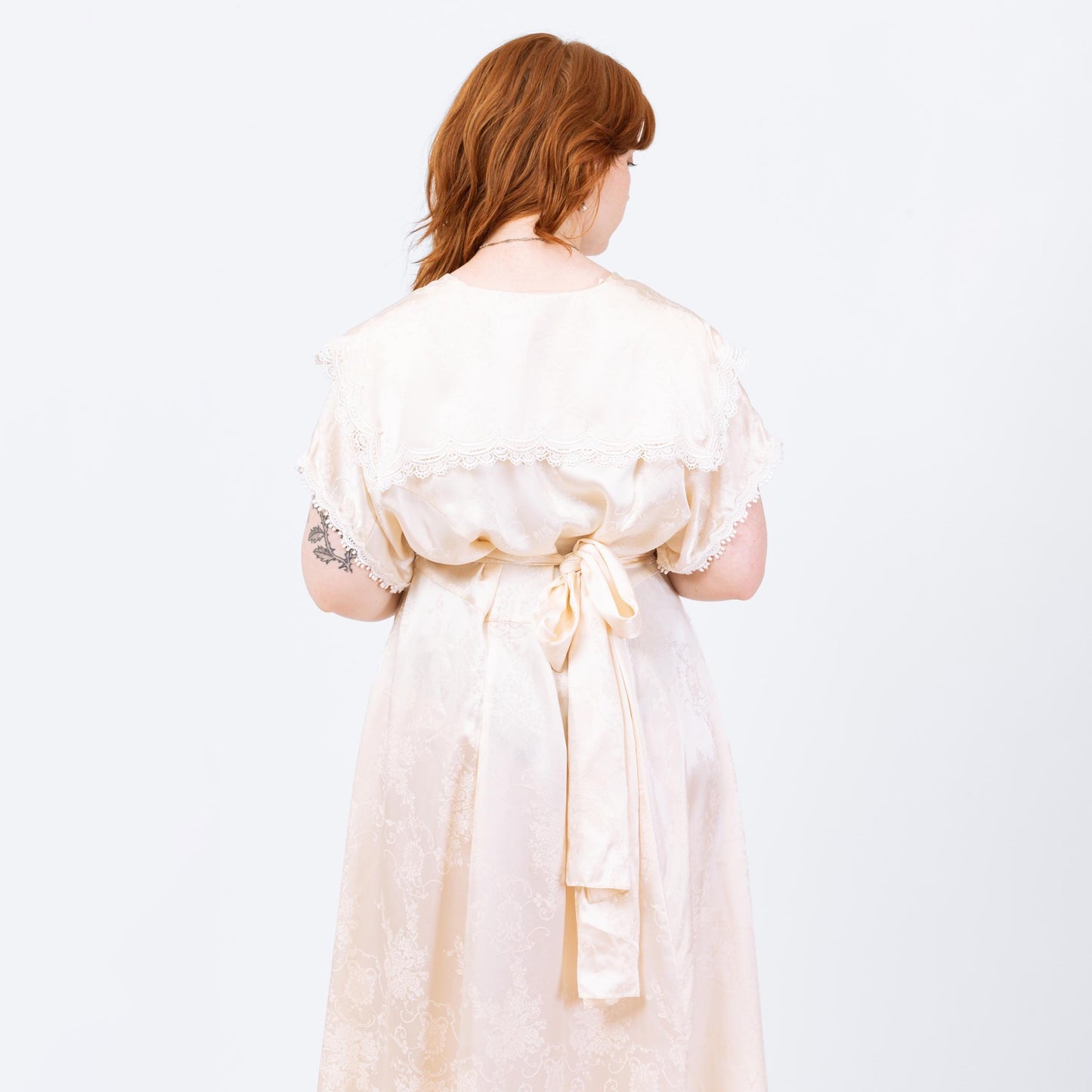 Vintage 80s Jessica McClintock Ivory Satin Sailor Collar Maxi Dress - Large | Floral Jacquard A Line Formal Gown, Wedding Dress