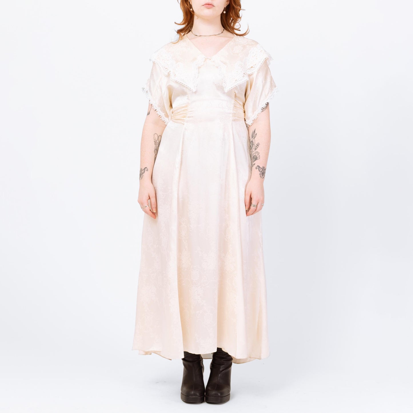 Vintage 80s Jessica McClintock Ivory Satin Sailor Collar Maxi Dress - Large | Floral Jacquard A Line Formal Gown, Wedding Dress