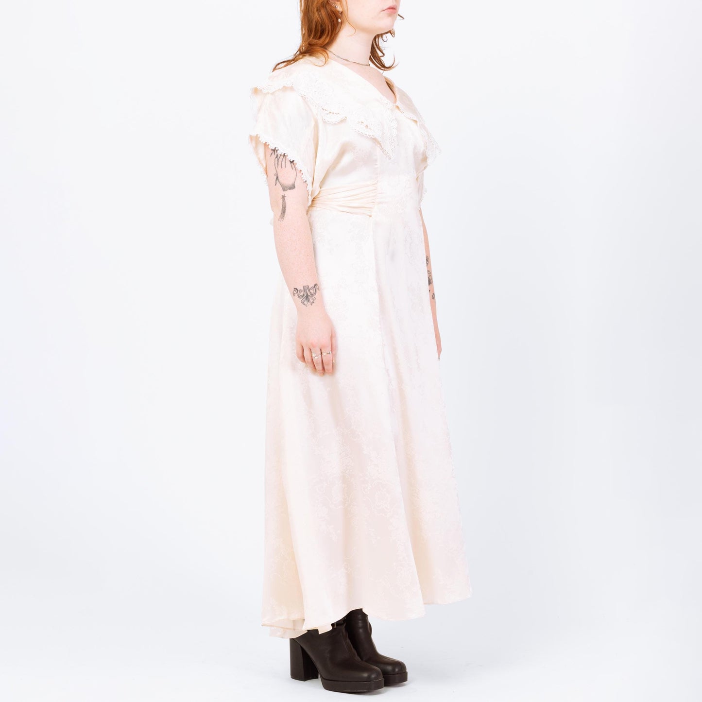Vintage 80s Jessica McClintock Ivory Satin Sailor Collar Maxi Dress - Large | Floral Jacquard A Line Formal Gown, Wedding Dress
