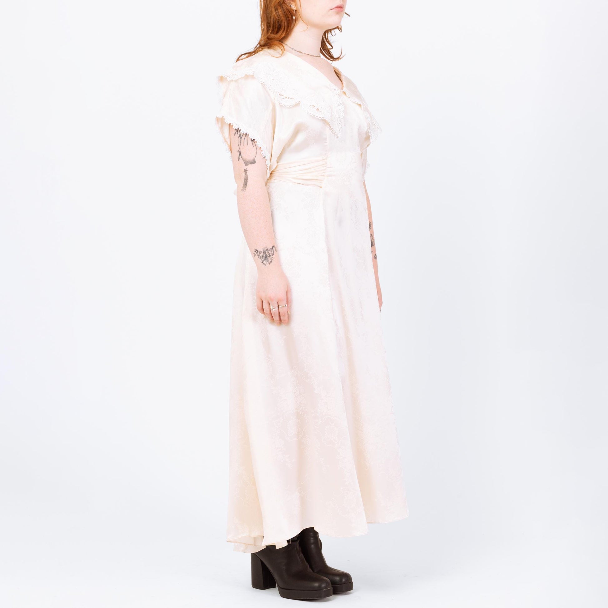 Vintage 80s Jessica McClintock Ivory Satin Sailor Collar Maxi Dress - Large | Floral Jacquard A Line Formal Gown, Wedding Dress