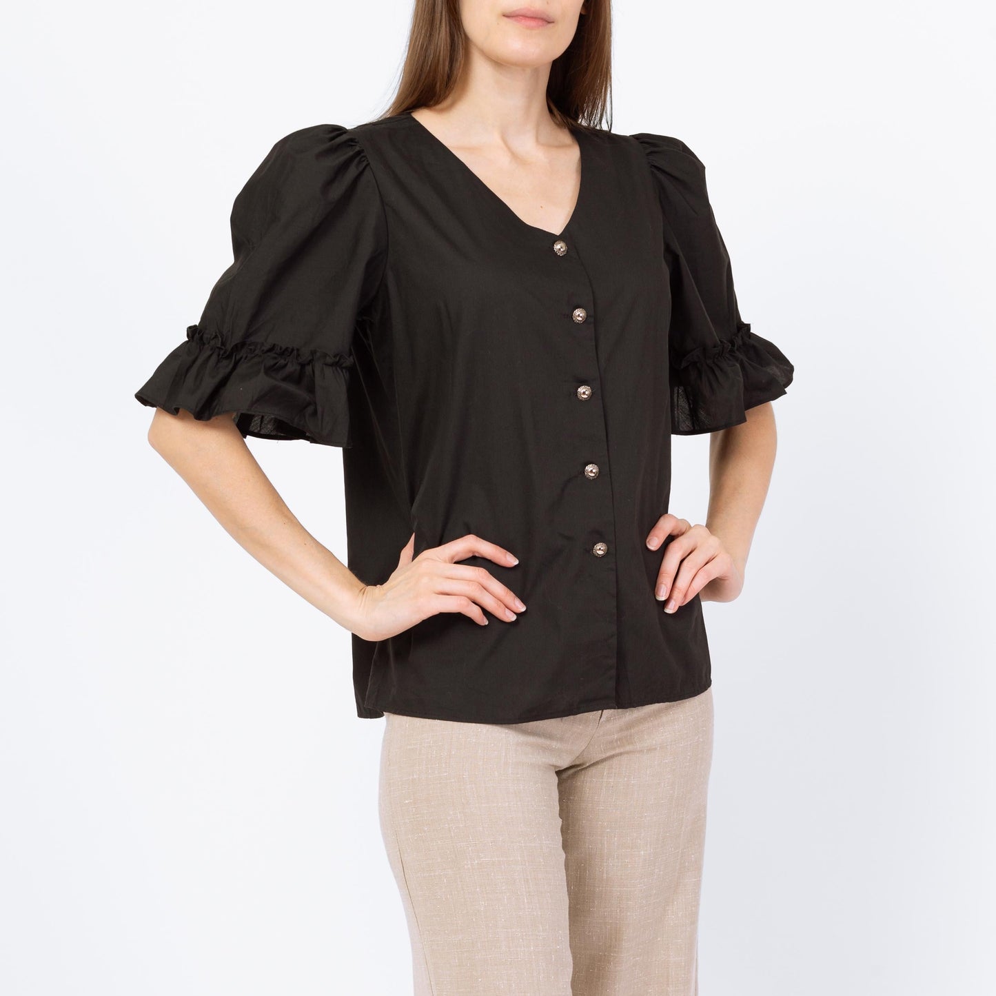 Vintage 70s Black Puff Sleeve Button Up Blouse - Small