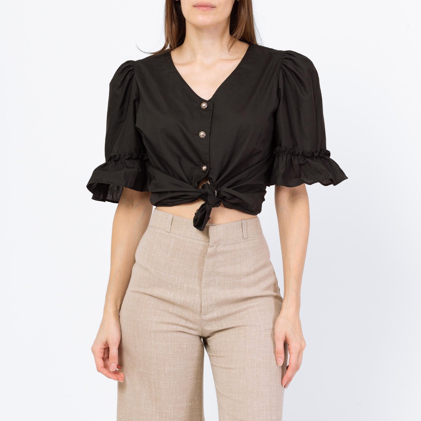 Vintage 70s Black Puff Sleeve Button Up Blouse - Small