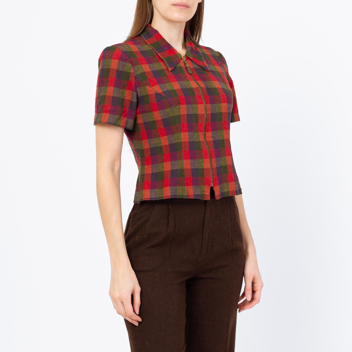 Vintage 90s Red Plaid Zip Up Crop Top - Small | Collared Short Sleeve Cropped Shirt