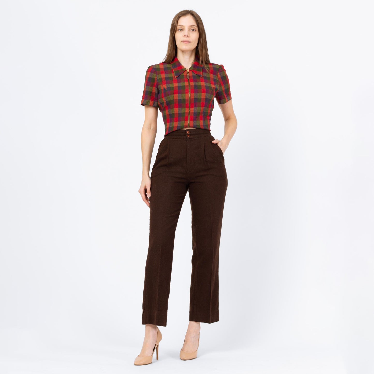 Vintage 70s Brown Wool Straight Leg Trousers - Extra Small, 24" Waist | High Waisted Pleated Slim Bootcut Pants