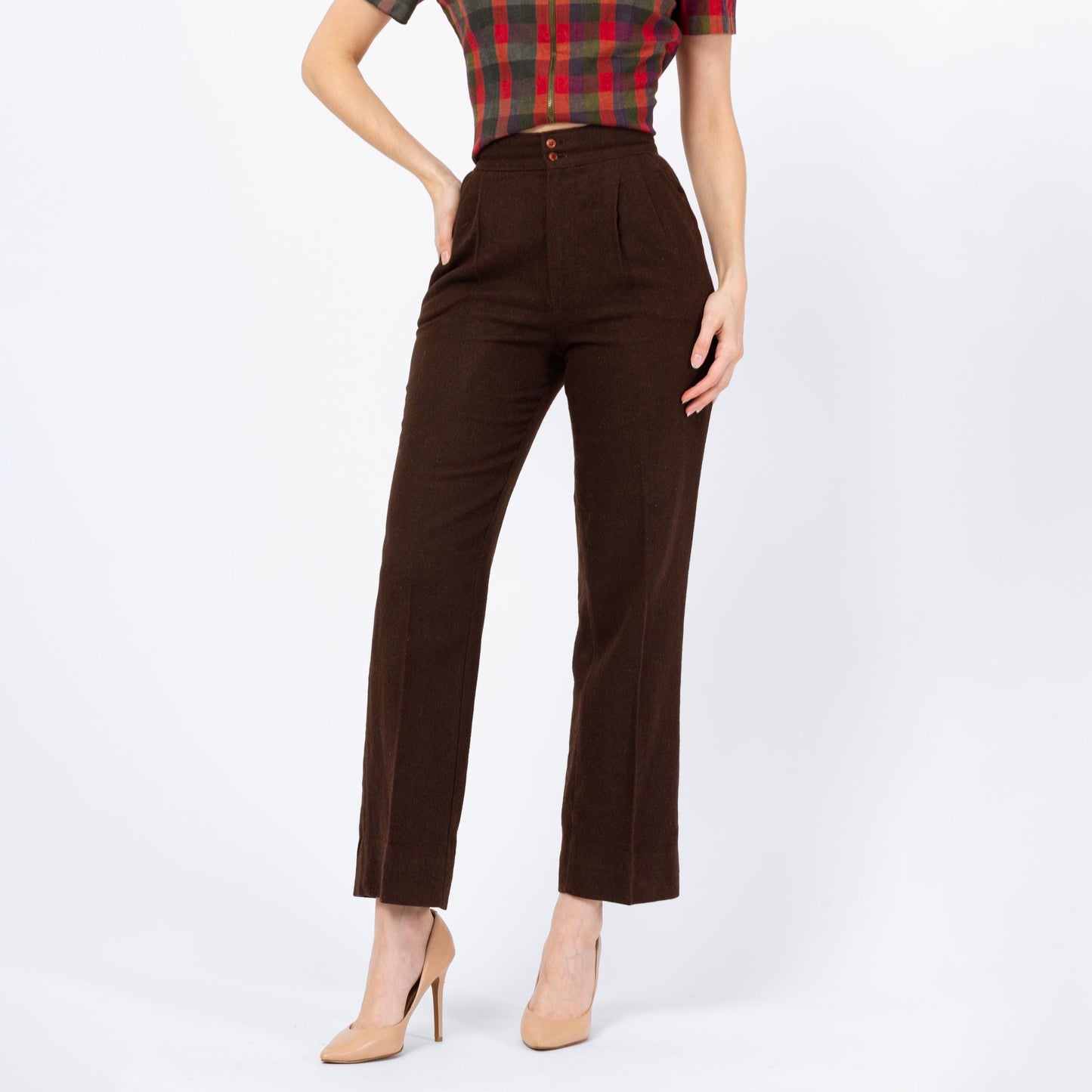 Vintage 70s Brown Wool Straight Leg Trousers - Extra Small, 24" Waist | High Waisted Pleated Slim Bootcut Pants