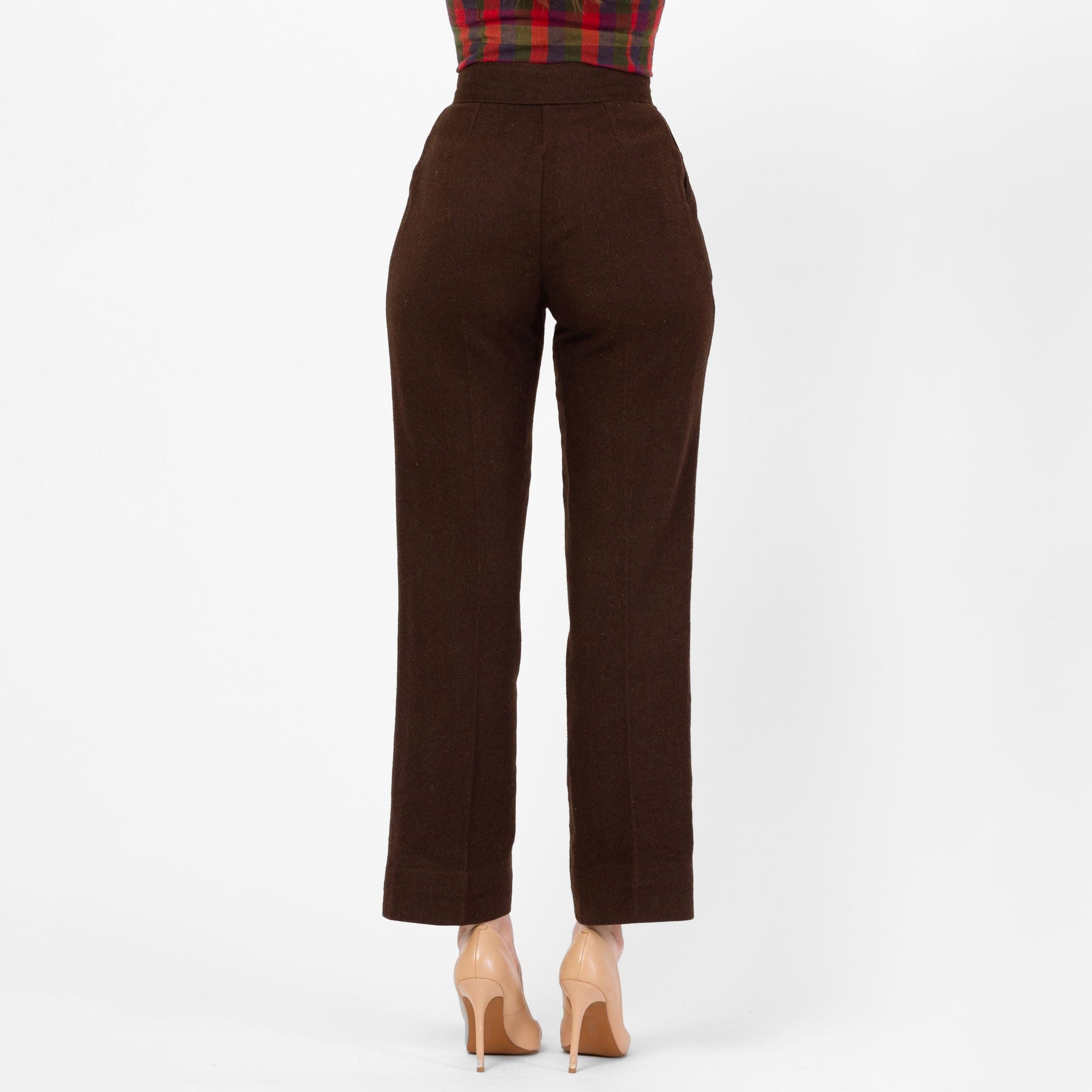 Vintage 70s Brown Wool Straight Leg Trousers - Extra Small, 24" Waist | High Waisted Pleated Slim Bootcut Pants