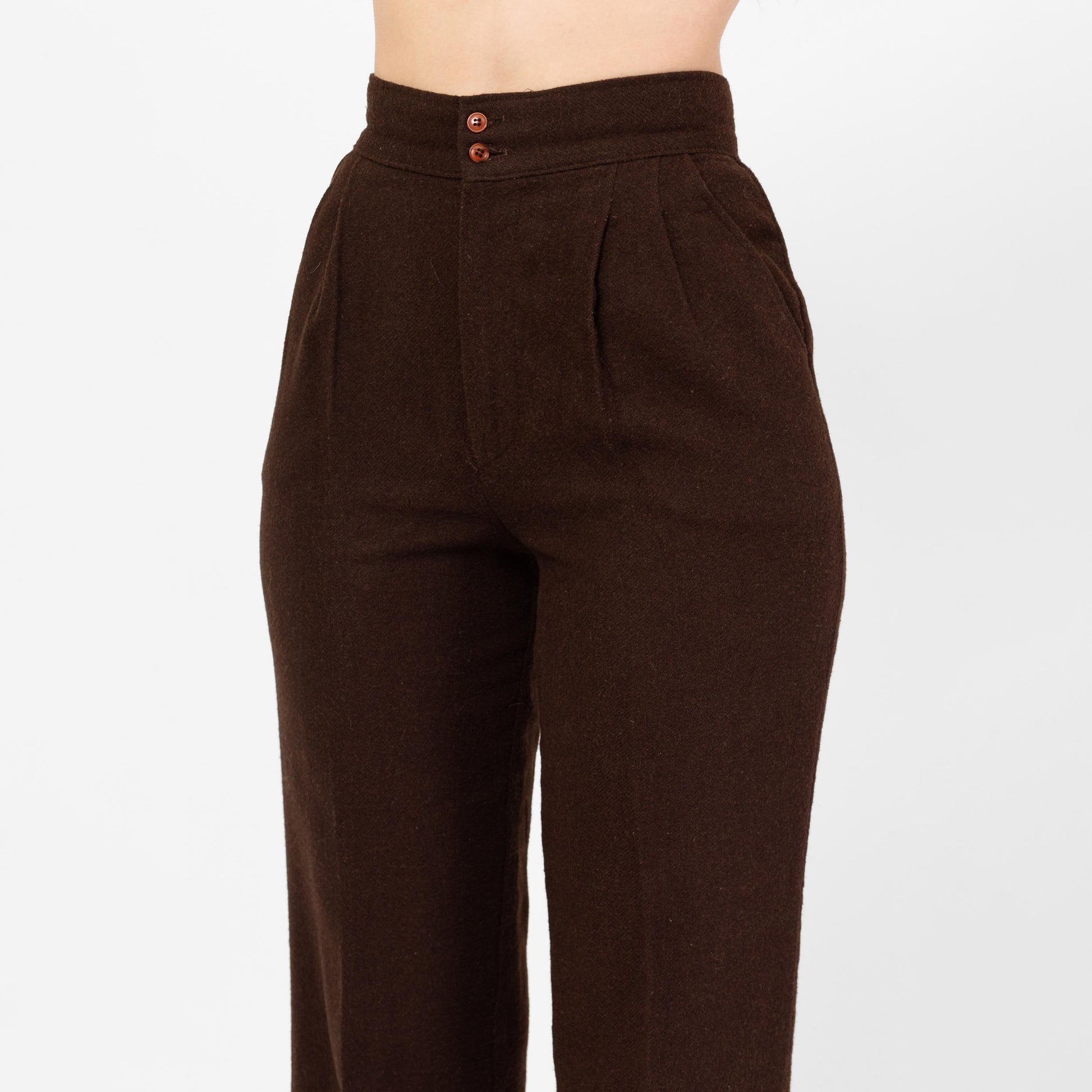 Vintage 70s Brown Wool Straight Leg Trousers - Extra Small, 24" Waist | High Waisted Pleated Slim Bootcut Pants