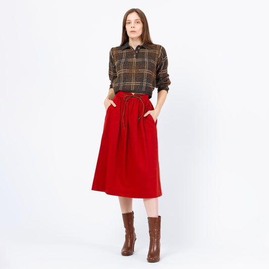 Vintage 80s Rust Red Wool Western Midi Skirt - Small, 26" Waist | High Waisted Leather Belt Pocket Skirt