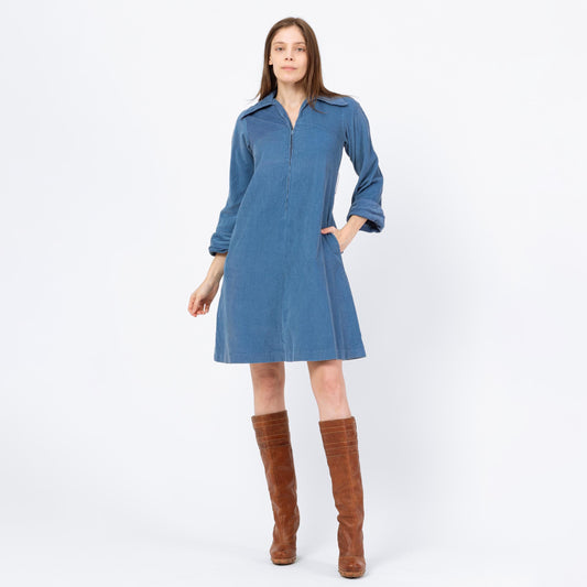 Vintage 70s Mod Slate Blue Corduroy Mini Dress - Extra Small | Zip Up Collared 3/4 Sleeve A Line Pocket Dress
