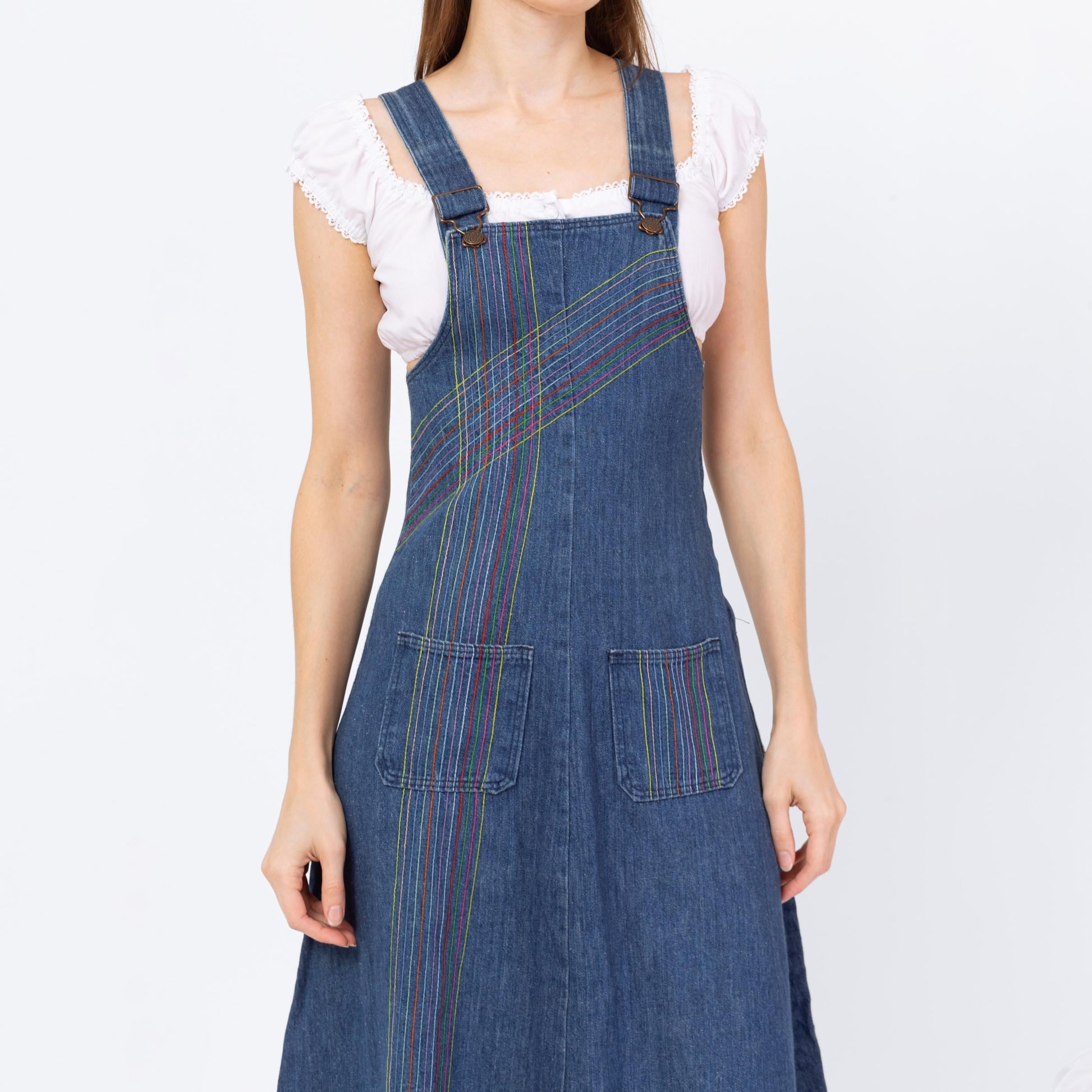 Vintage 70s Rainbow Stitch Denim Pinafore Dress - Extra Small Flying Apple Vintage Vintage 70s Rainbow Stitch Denim Pinafore Dress - Extra Small Flying Apple Vintage