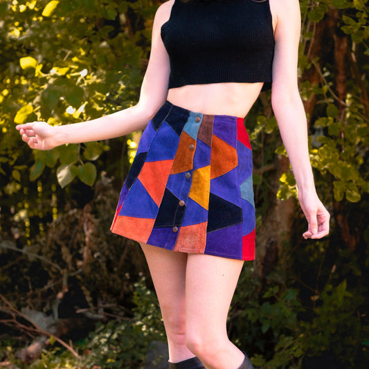 Vintage 70s Suede Patchwork Mini Skirt - Small, 26" Waist | Boho Button Front Festival Skirt, Colorblock Leather A-Line Skirt