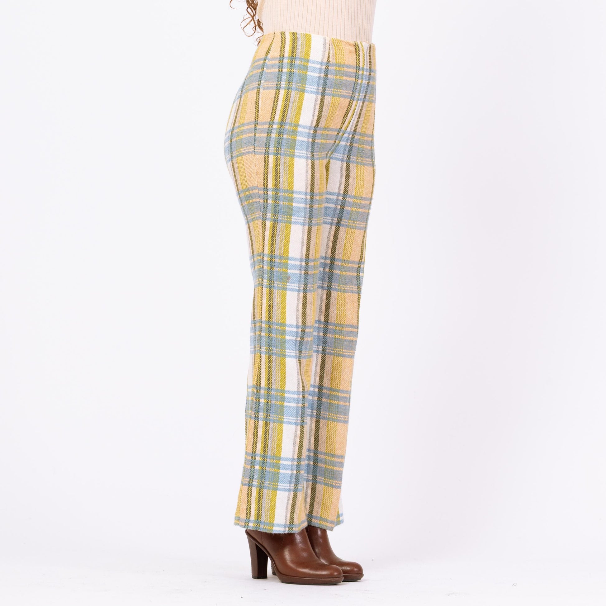 Vintage 70s Yellow Blue & Green Plaid Knit Flared Pants - Medium, 28" Waist | High Waisted Retro Woven Boho Bootcut Trousers
