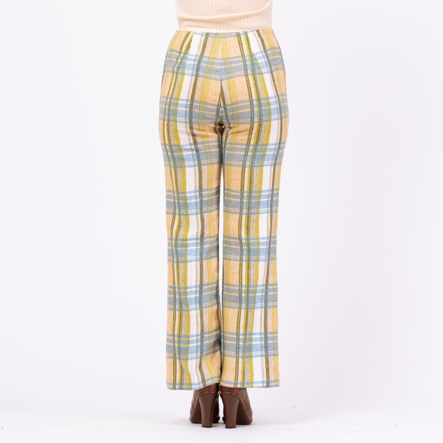 Vintage 70s Yellow Blue & Green Plaid Knit Flared Pants - Medium, 28" Waist | High Waisted Retro Woven Boho Bootcut Trousers