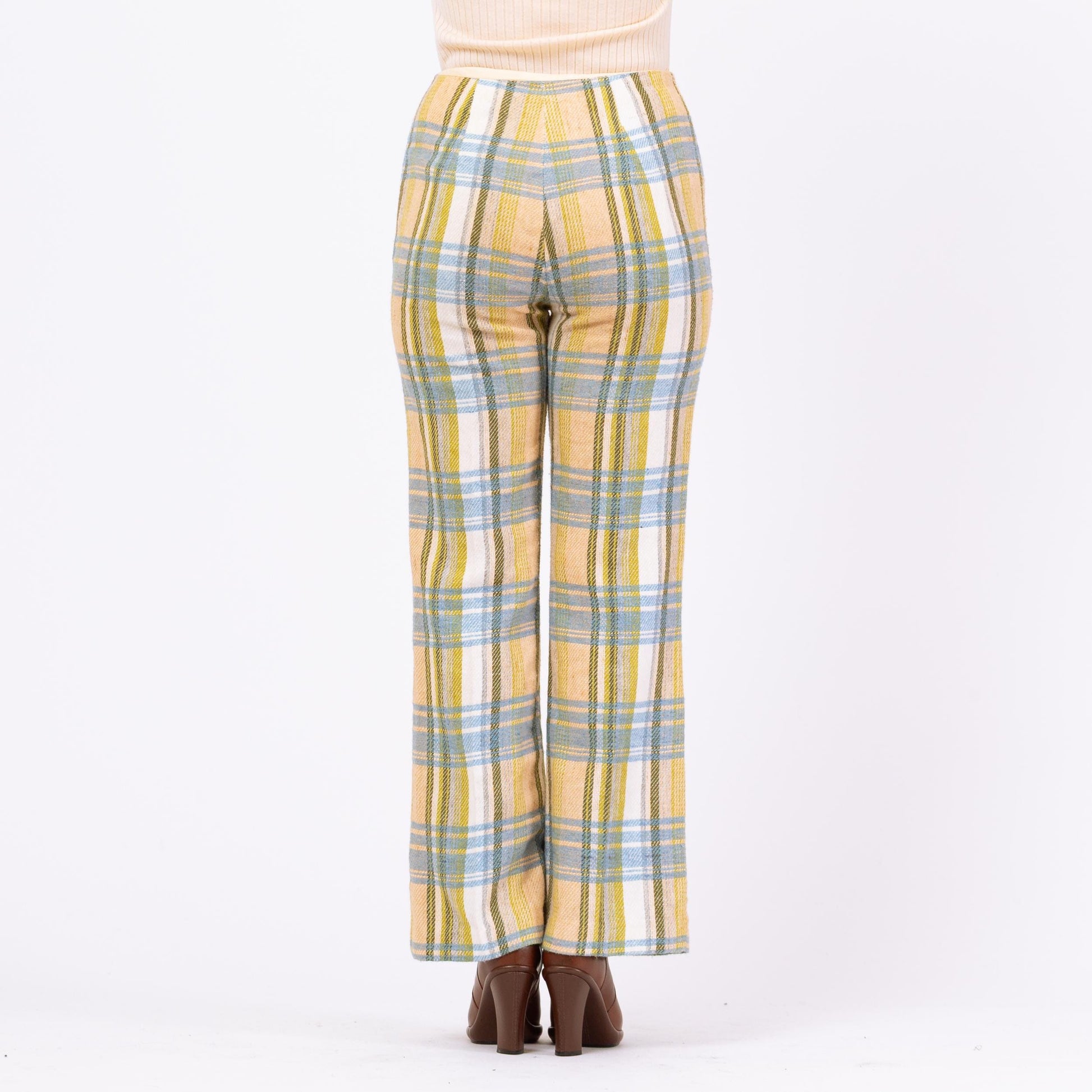 Vintage 70s Yellow Blue & Green Plaid Knit Flared Pants - Medium, 28" Waist | High Waisted Retro Woven Boho Bootcut Trousers