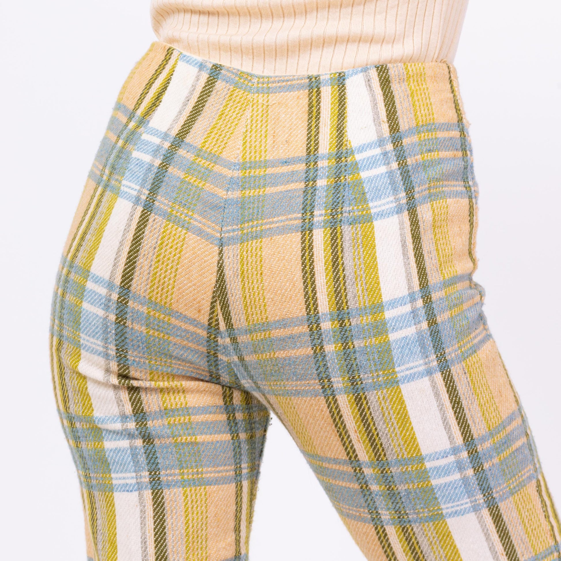 Vintage 70s Yellow Blue & Green Plaid Knit Flared Pants - Medium, 28" Waist | High Waisted Retro Woven Boho Bootcut Trousers