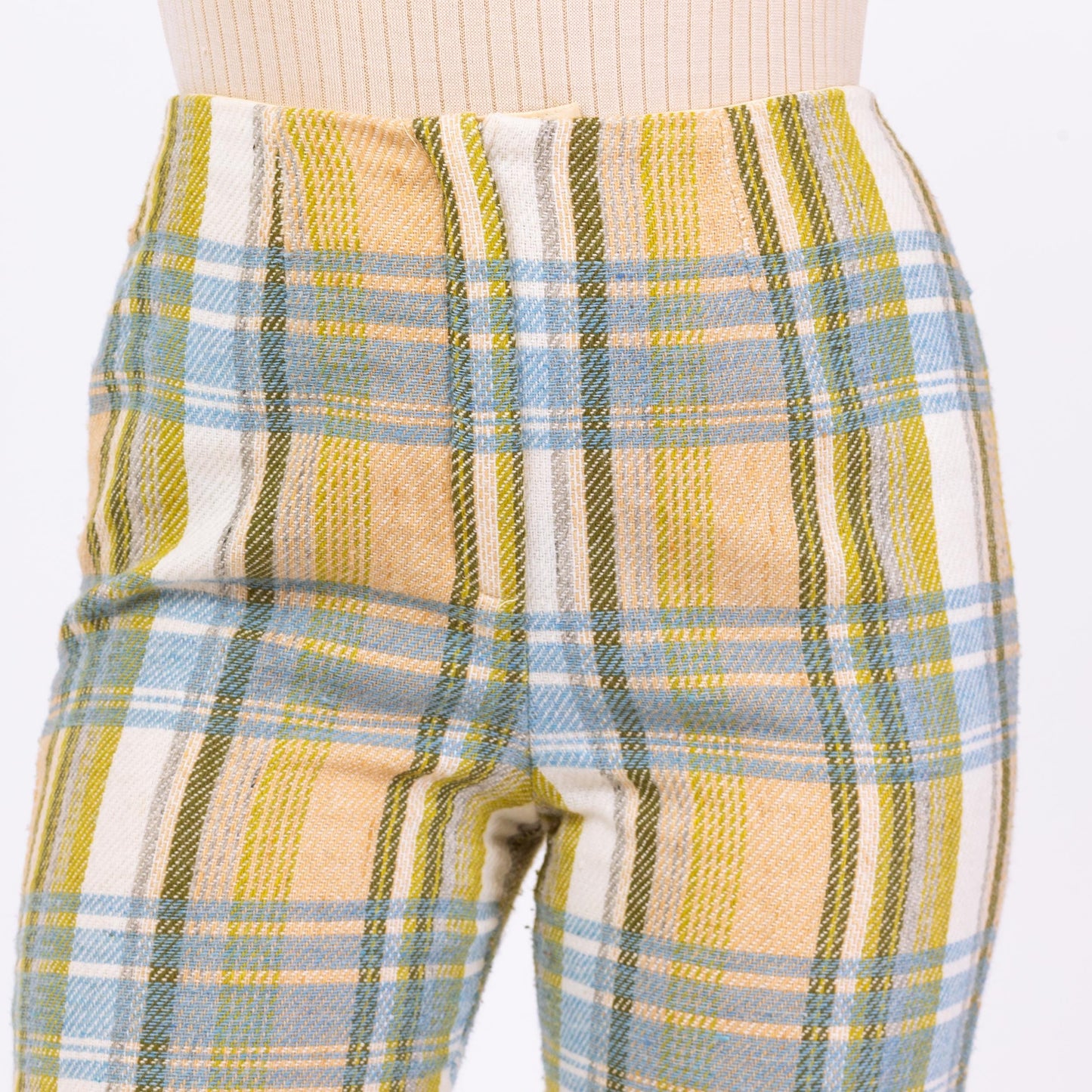 Vintage 70s Yellow Blue & Green Plaid Knit Flared Pants - Medium, 28" Waist | High Waisted Retro Woven Boho Bootcut Trousers