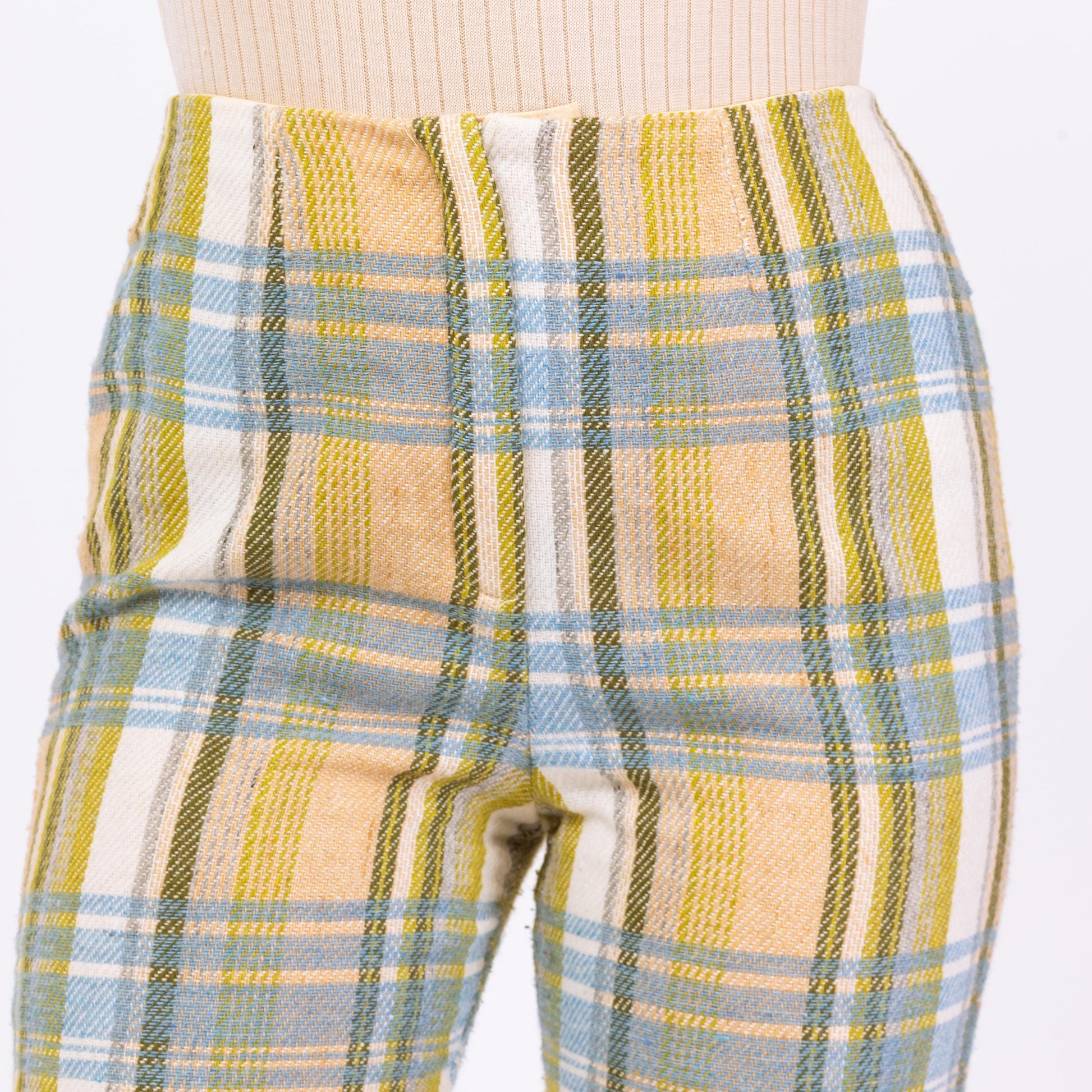 Vintage 70s Yellow Blue & Green Plaid Knit Flared Pants - Medium, 28" Waist | High Waisted Retro Woven Boho Bootcut Trousers