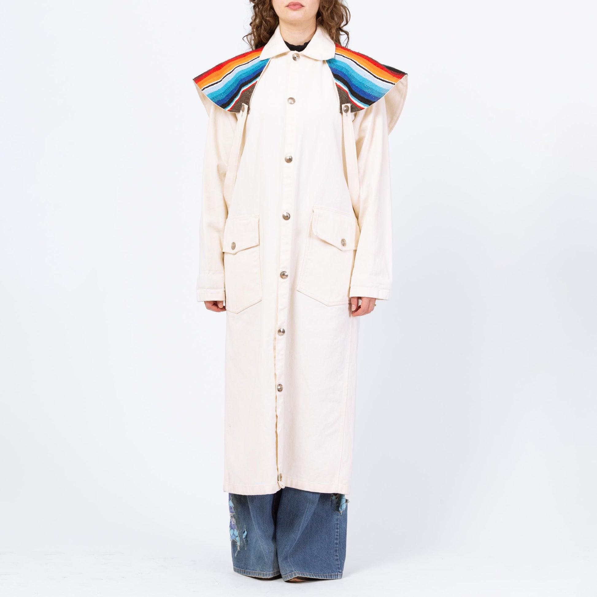 Vintage 70s 80s Western Stockman White Denim Trench Coat - One Size | Serape Blanket Striped Long Snap Up Duster Jacket