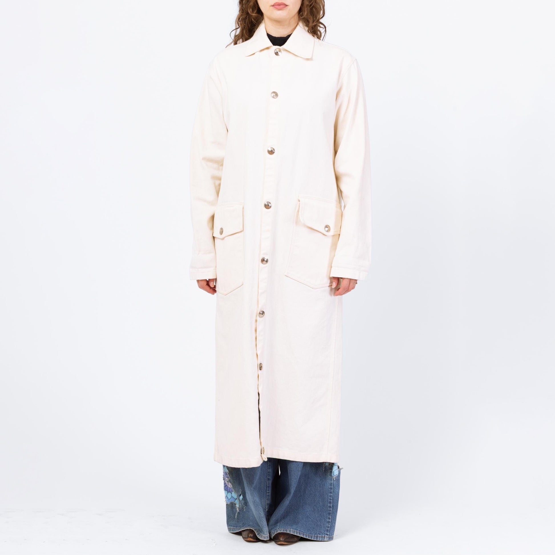 Vintage 70s 80s Western Stockman White Denim Trench Coat - One Size | Serape Blanket Striped Long Snap Up Duster Jacket