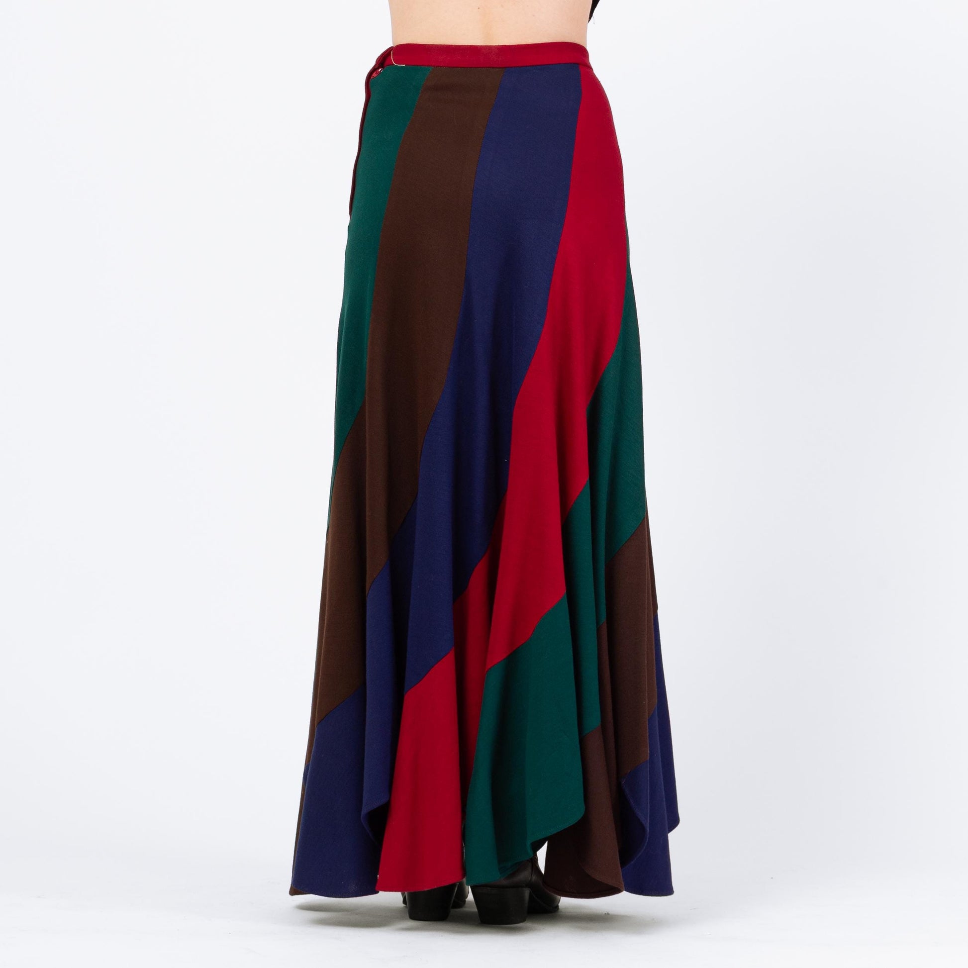 Vintage 70s Mod Jewel Tone Striped Maxi Skirt, NWT - Medium, 28" | High Waisted Scalloped Hem Long Hippie Skirt
