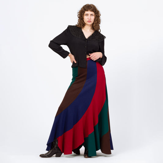 Vintage 70s Mod Jewel Tone Striped Maxi Skirt, NWT - Medium, 28" | High Waisted Scalloped Hem Long Hippie Skirt