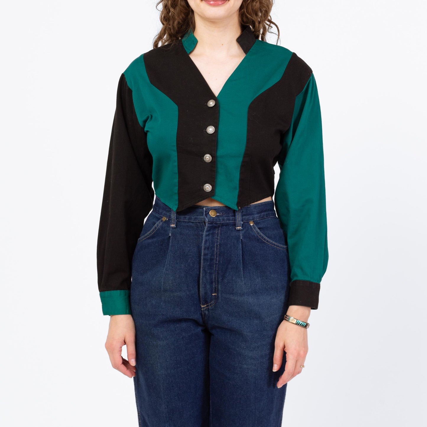 Vintage 90s Western Teal & Black Color Block Crop Top - Small | Banjo Texas Long Sleeve Collared Cropped Shirt